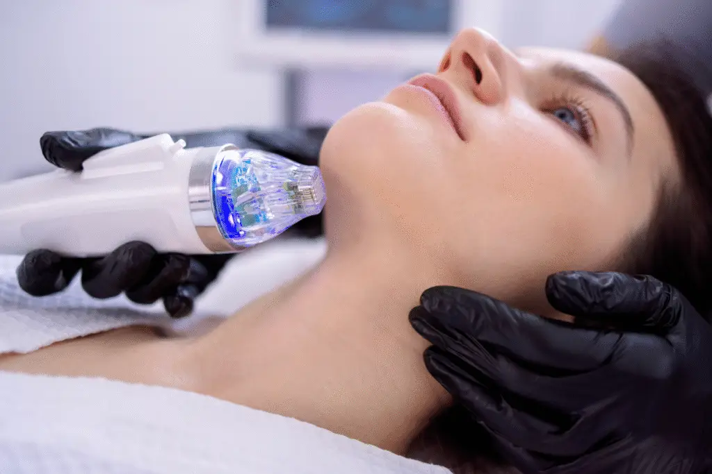 Close-up of RF microneedling device applied to the jawline and neck at Balance Medical & Day Spa in Columbia, SC.